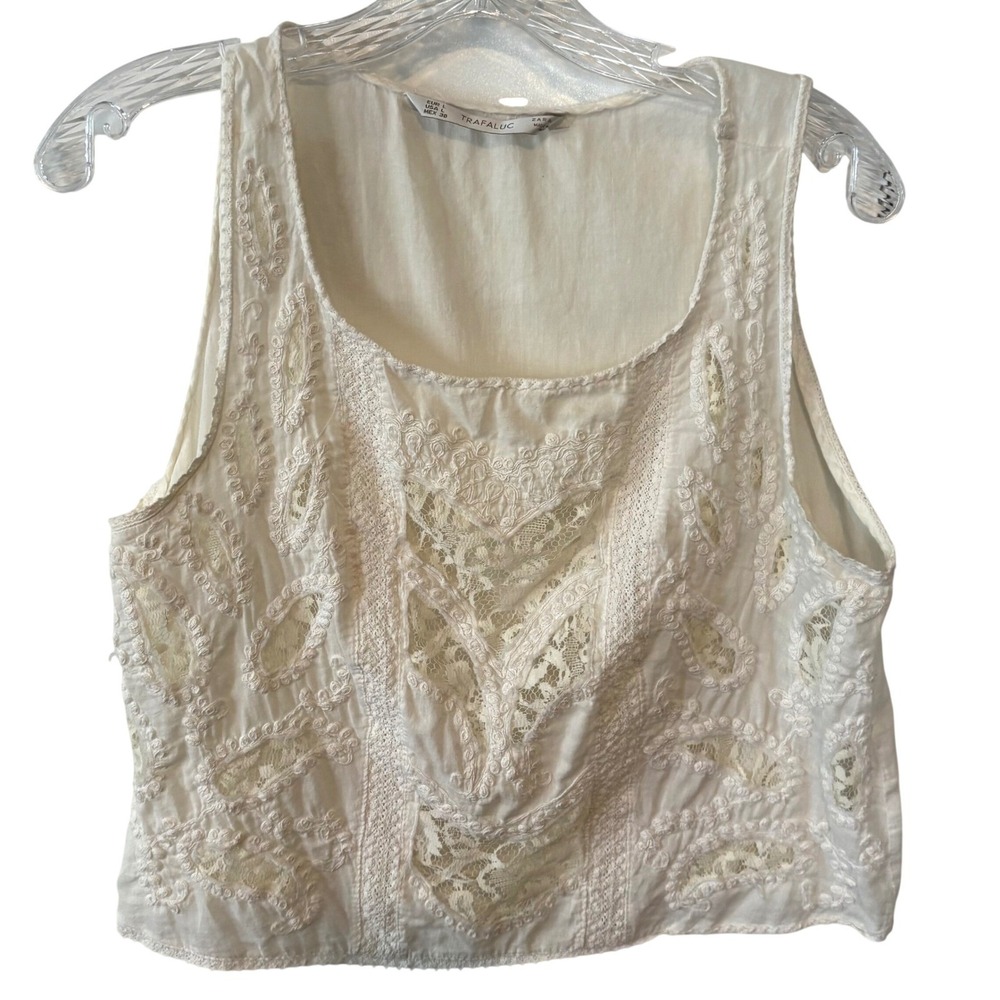 Zara Women's White Lace Front Tank‎ in Size L
